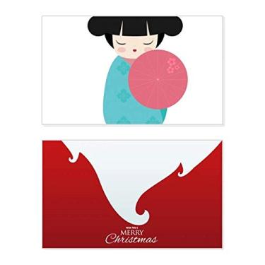 Imagem de Quimono azul Sakura Japão Doll Holiday Merry Christmas Cartões de parabéns Mensagem de Natal