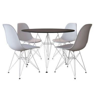 Imagem de Conjunto de Jantar Eames Eiffel Tampo Redondo 110cm com 4 Cadeiras Brancas Base de Ferro Branco
