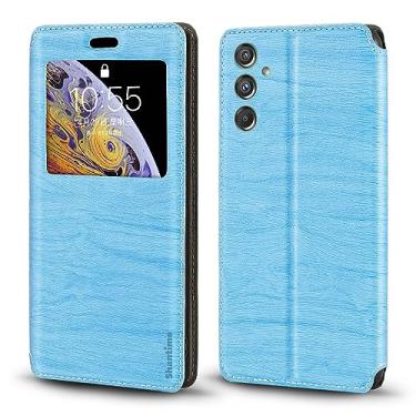 Imagem de Capa para Samsung Galaxy M34 5G, capa de couro de grão de madeira com porta-cartões e janela, capa flip magnética para Samsung Galaxy F34 5G (6,5 polegadas), azul celeste