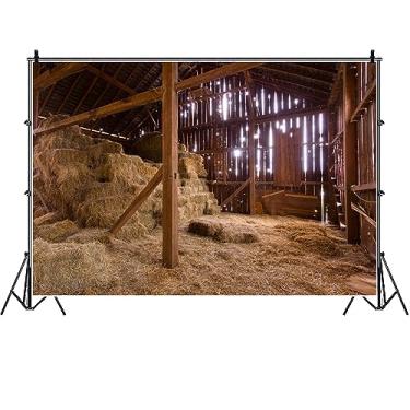 Imagem de Laeacco Celeiro antigo de 17,78 cm x 1,83 m, fotografia de vinil, com fluxo de sol de palha externa no chão, cenário de palha no chão, cenário de palha no campo, adultos, fotos de arte, fotos de estúdio de vídeo, acessórios de 2,2 x 1,5 m