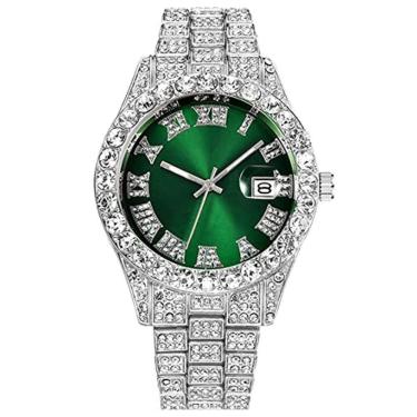 Imagem de Relógio de pulso masculino hip hop com diamantes, cristal strass e pulseira adornada, mostrador verde