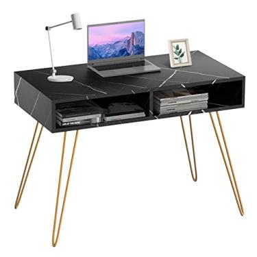 Imagem de GRFIT Mesa de mesa de computador luxuosa mesa de mármore com gaveta quarto mesa de estudo vaidade maquiagem penteadeira moda mesa de escrita com 2 espaçosas mesas de armazenamento aberto para PC