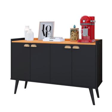 Imagem de Aparador Buffet Kiev Cantinho Café 4 Portas Puxador Concha Prateleira Interna Organizadora Pés Retrô - Preto/Cinamomo - RPM Móveis