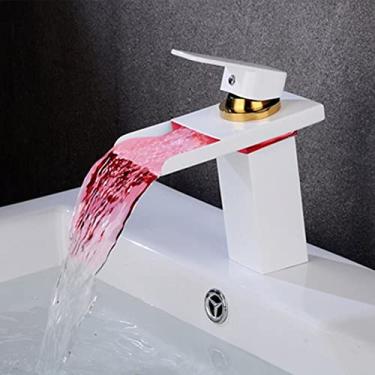 Imagem de Torneiras de lavatório de led em latão branco cachoeira torneira de pia de banheiro com alça única furo deck vintage lavagem quente e fria torneiras misturadoras guindaste