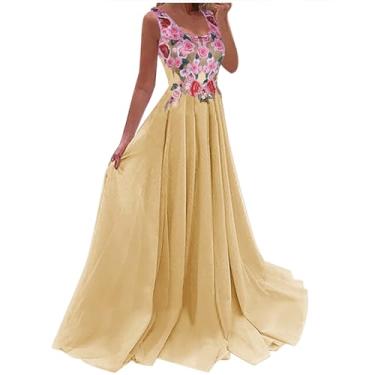Imagem de UIFLQXX Vestido longo feminino plus size de renda patchwork estampado cor sólida vestido longo vestido de convidado vestido de baile, Amarelo, 3G