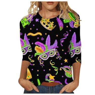 Imagem de UIFLQXX Camiseta feminina Mardi 2024 estampa de carnaval manga 3/4 gola redonda top fashion feminina solta plus size, Preto, G