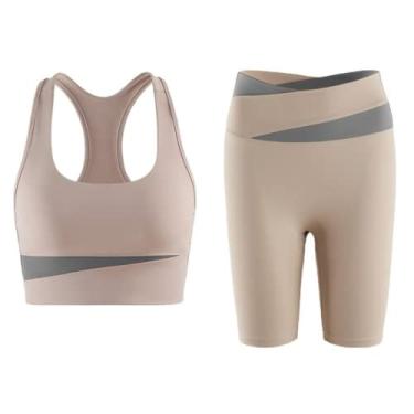 Imagem de RIDENEEY Conjunto de duas peças moda roupa de ioga linda parte de trás sutiã de ioga feminino exercício respirável sutiã esportivo leggings terno (cinza café, P)