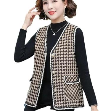 Imagem de KANG POWER Primavera outono vestindo colete xadrez feminino de meia-idade colete curto jaqueta sem mangas casaco tops, Cáqui quadrado, M