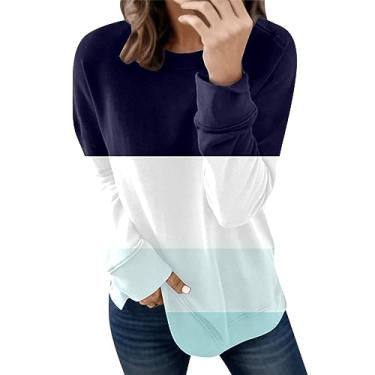 Imagem de Moletom leve para mulheres túnica oversized top patchwork pulôver de manga comprida Jersey Y2K Imprimir Ajuste solto Moda Roupa sólidas capuz Emenda de bloco de cores K102-Marinha Small