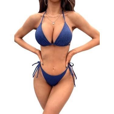 Imagem de COZYEASE Maiô feminino sexy de duas peças, biquíni metálico, cintura alta, frente única, maiô feminino, Azul, GG