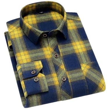 Imagem de Camisa masculina amarela preta xadrez escovada manga longa quente bolso primavera casual camisas masculinas flanela algodão ajuste macio, H-h-6618, XXG