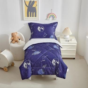 Imagem de DuShow Jogo de cama infantil, espaço azul marinho, 4 peças, ultramacio, reversível, lençol de cima e fronha para meninos, inclui edredom acolchoado, lençol de cima e fronha