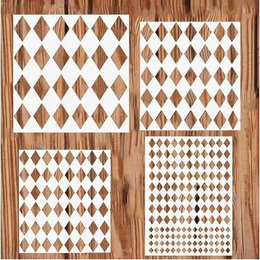 Imagem de 4 peças de estêncil de arlequim 4 tamanhos quadrados em formato de diamante reutilizável estêncil de arlequim para pintura em decoração de parede de madeira