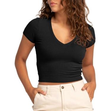 Imagem de Tankaneo Camisetas femininas de verão cropped manga curta gola V slim fit malha canelada camisetas básicas Y2k top, Preto, M