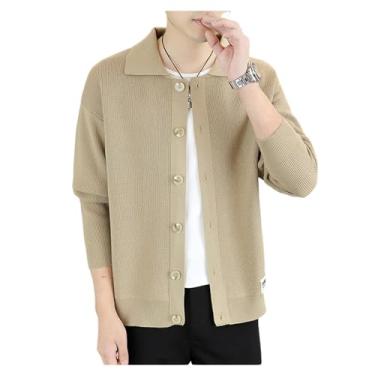 Imagem de Suéter masculino de malha de botão de cor sólida, suéter leve de manga comprida, Cáqui, XG