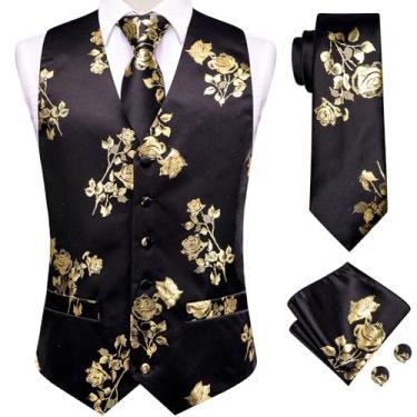 Imagem de Hi-Tie Conjunto de gravata masculina colete clássico colete e gravata lenço abotoaduras terno festa de casamento, Preto, dourado, XX-Large