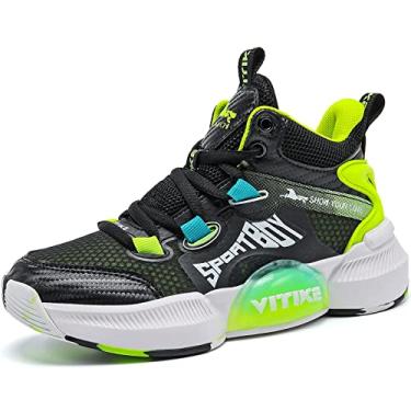 Imagem de JMFCHI Tênis de basquete infantil tênis esportivo de cano alto durável com cadarço antiderrapante tênis de corrida seguro para crianças pequenas e meninos meninas, Preto/Verde - 8171, 7 Big Kid