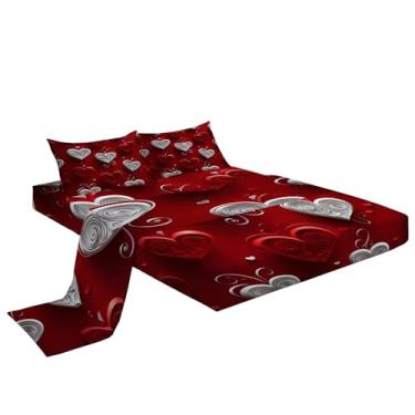Imagem de Eojctoy Jogo de lençol vermelho ultramacio, 4 peças, tema coração amor, 3D, lençol de cama e fronhas, fácil de cuidar com 40,6 cm de profundidade, lençol Queen Size, confortável e respirável para casa