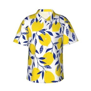 Imagem de Xiso Ver Camiseta masculina tropical de verão com frutas havaianas, manga curta, casual, praia, verão, festa na praia, Limão tropical, XXG