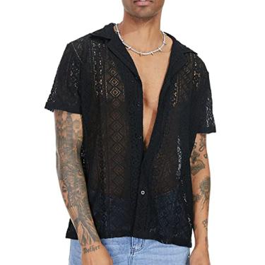 Imagem de URRU Camisa masculina de renda floral, manga curta, vazada, transparente, transparente, casual, abotoada, Preto, G