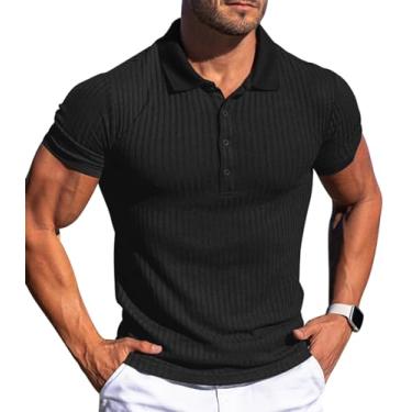 Imagem de Askdeer Camisas polo masculinas manga longa/curta slim fit camisas polo clássicas stretch camisetas de golfe, A01 Preto, XXG