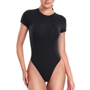 Imagem de HeyNuts Body feminino de camada dupla ultramacia de manga curta e gola redonda, camiseta básica casual, Preto, G