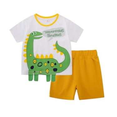 Imagem de Gorboig Conjunto de roupas de shorts para meninos, estampa de dinossauro, roupas de verão, 100% algodão, camiseta e shorts, conjunto de 2 a 7 anos, Dinossauro branco cáqui, 3Y