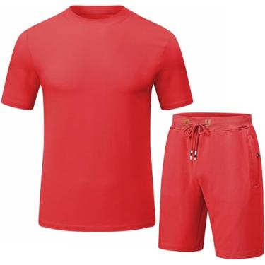 Imagem de QPNGRP Conjunto de 2 peças de moletom masculino com bolso com zíper e camiseta, Vermelho, G