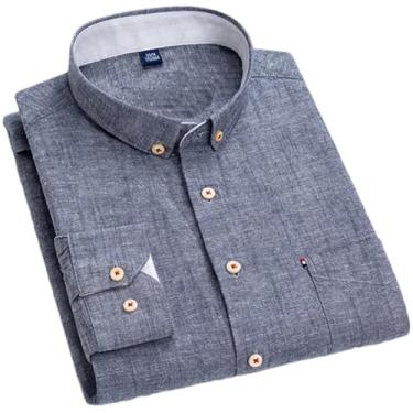 Imagem de Camisa masculina de algodão xadrez listrada de linho com bolso único confortável para respiração e manga comprida com botões, 5-13, GG