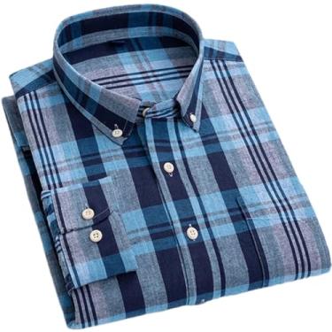 Imagem de Camisa masculina de algodão xadrez casual de linho com bolso único abotoada manga longa listrada, T0c1802, G