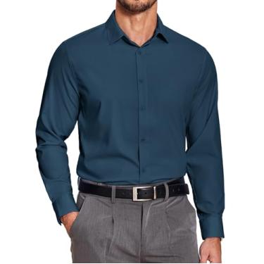 Imagem de COOFANDY Camisa social masculina slim fit, sem rugas, manga comprida, abotoada, lisa, formal, Azul marinho, GG