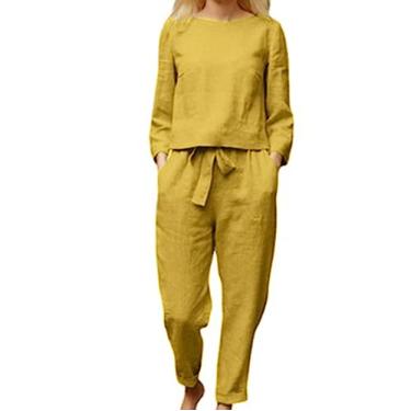 Imagem de Conjuntos femininos de ajuste solto, camisetas e calças para mulheres, conjunto de linho, 2 peças, outono e verão 2024, Y-843 amarelo mostarda, Medium