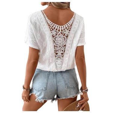 Imagem de WDIRARA Camisetas femininas com gola redonda, manga curta, renda nas costas, patchwork, blusas estilosas de verão, Branco, G