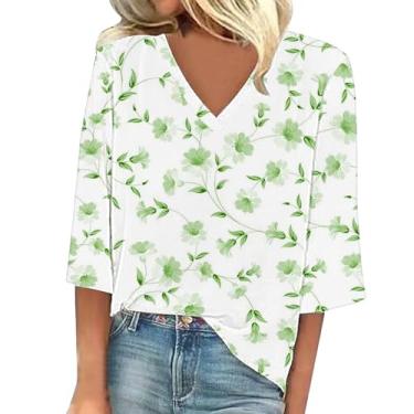 Imagem de Camiseta feminina, manga 3/4, gola V, folgada, casual, estampada, túnica, verão, sair, Verde #7, 3G