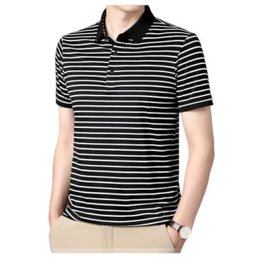 Imagem de Camisa polo masculina listrada casual elástica manga curta fresca secagem rápida solta camiseta de tênis, Preto, 4G