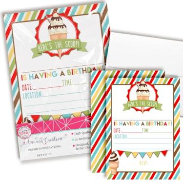 Imagem de Convites de festa de aniversário de sorvete para meninos, 20 cartões de preenchimento de 12,7 x 17,7 cm com vinte envelopes brancos da AmandaCreation