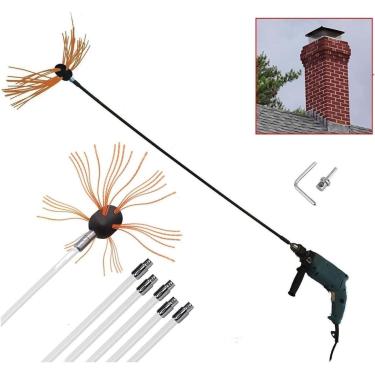 Imagem de Kit de limpeza de chaminé Conjunto de vassoura de chaminé elétrica, broca de escova de chaminé Kits de ferramentas de vassoura de limpeza rotativa motorizada com 6/8/10/12 hastes flexíveis,