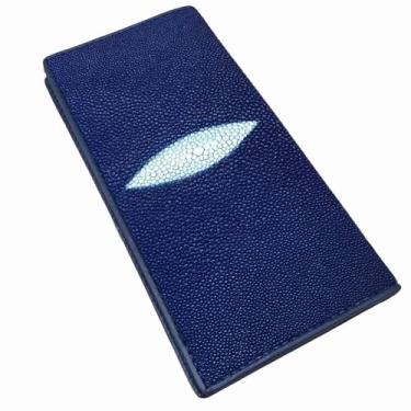 Imagem de Bolsa de mão fina fina estilo unissex autêntica Stingray Skin feminina masculina fina carteira dobrável para cartão de couro genuíno feminino masculino, Azul escuro, Lazer