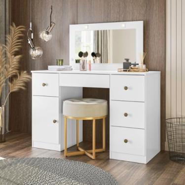 Imagem de Penteadeira Camarim com Espelho Led 121x122cm 5 Gavetas 1 Porta Sonhos Moval Cor:Branco