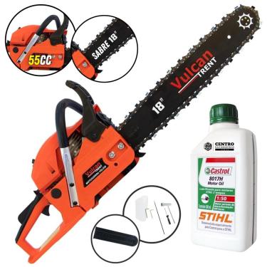 Imagem de Motosserra Á Combustão Vulcan Profissional Vsl550 2t 55cc 3hp 11.000rpm Com Sabre de 18 Polegadas + Corrente 3/8 x 1,5mm e Óleo Stihl 500ml Para Ação Antidesgaste