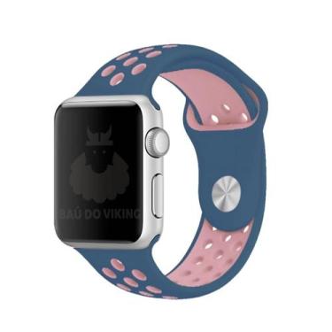Imagem de Pulseira Furos Compatível Apple Watch - Baú do Viking, Azul/Rosa, 42mm