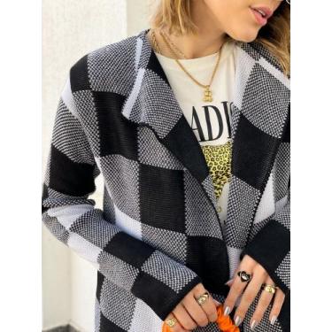Imagem de Kimono Cardigan Xadrez Onca Tricot Feminina Tendência E Moda - liberty