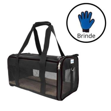 Imagem de Bolsa Pet Transporte Viagem Avião Passeio Preto + Luva Tira Pelos - Du