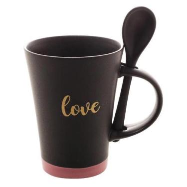 Imagem de Caneca Com Colher Love Preto Matt/Rosa 310Ml - Bon Gourmet, Gourmet, V
