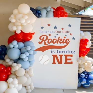 Imagem de Decalque de beisebol de primeiro aniversário para Our Rookie of the Year is Turning One, decorações de festa de beisebol para primeiro aniversário, festa semeadora de bebê, arco de balão, cenário