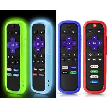 Imagem de Pacote com 4 capas para controle remoto Roku, capa para Hisense Roku TV Steaming Stick/Express controlador de substituição universal, protetor de silicone universal que brilha no escuro verde azul