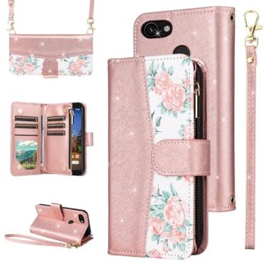 Imagem de Furiet Capa carteira floral para Google Pixel 3a com fecho de correr e alça de ombro luxuosa com glitter couro PU porta-cartões acessórios capa de telefone para Pixel3a Pixle a3 feminino ouro rosa