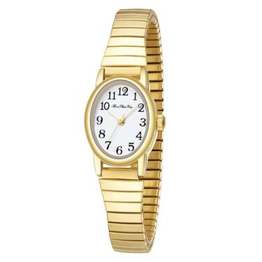 Imagem de BOSHIYA Relógio feminino Quartz Easy Reader Elipse de aço inoxidável com pulseira de expansão para pulso pequeno, Dourado