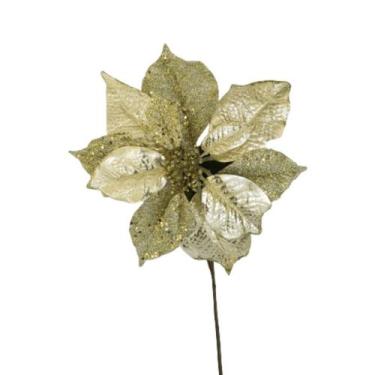 Imagem de Flor Artificial Natalina Poinsétia Tecido Dourado Haste - Carmella Pre