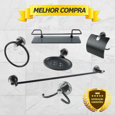Imagem de Kit Acessório Para Banheiro Aço Inox 6 Peças Com Porta Shampoo Vidro R